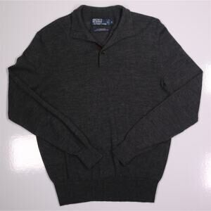 Polo Ralph Lauren Gray Knit Merino Wool Polo Jumper Sweater w/ Leather Trim~ S